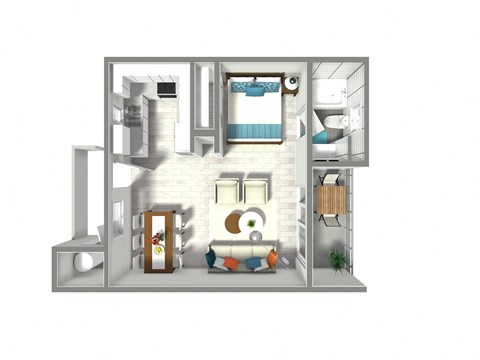 A 3D rendered image of a small apartment layout.